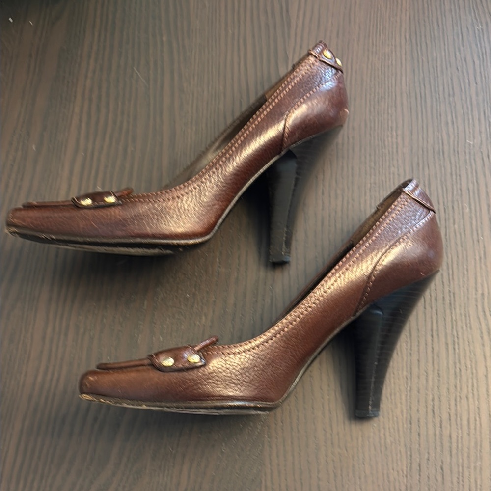 Burberry Brown Leather Studded Penny Loafer Heels - Picture 4 of 9